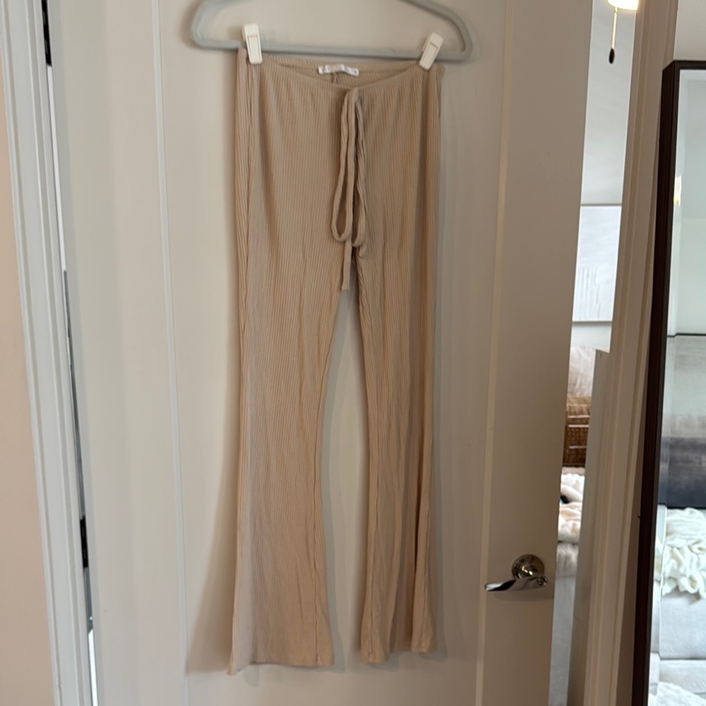 Beige Ribbed Flare Beach Pants